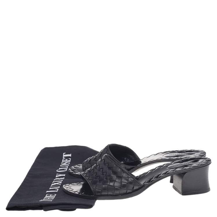 Pre Owned Bottega Veneta Black Intrecciato Leather Ravello Slide Sandals Size 36.5