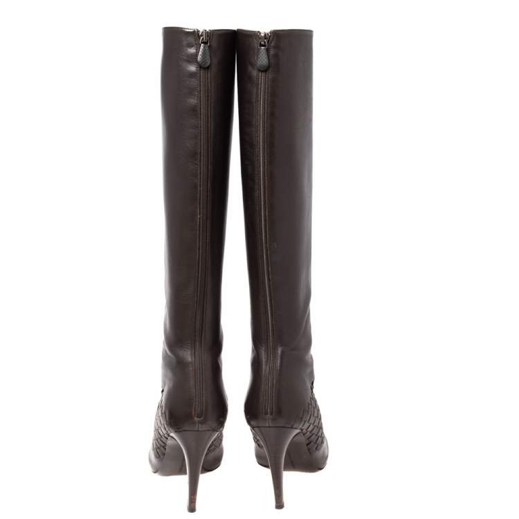Pre Owned Bottega Veneta Brown Leather Intrecciato Detail Knee High Boots Size 39.5