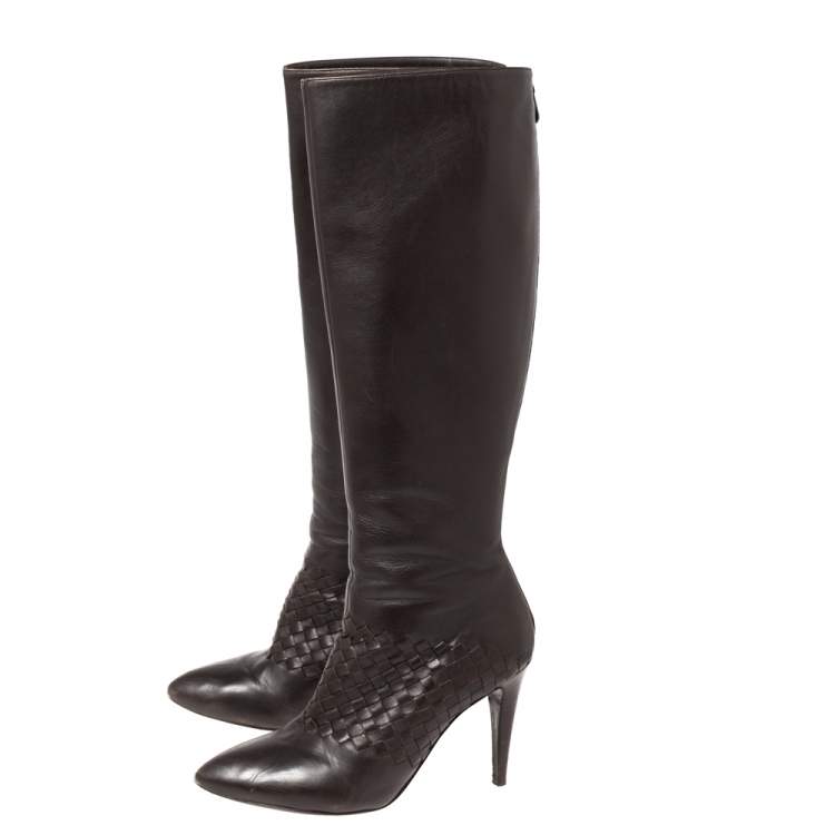 Pre Owned Bottega Veneta Brown Leather Intrecciato Detail Knee High Boots Size 39.5