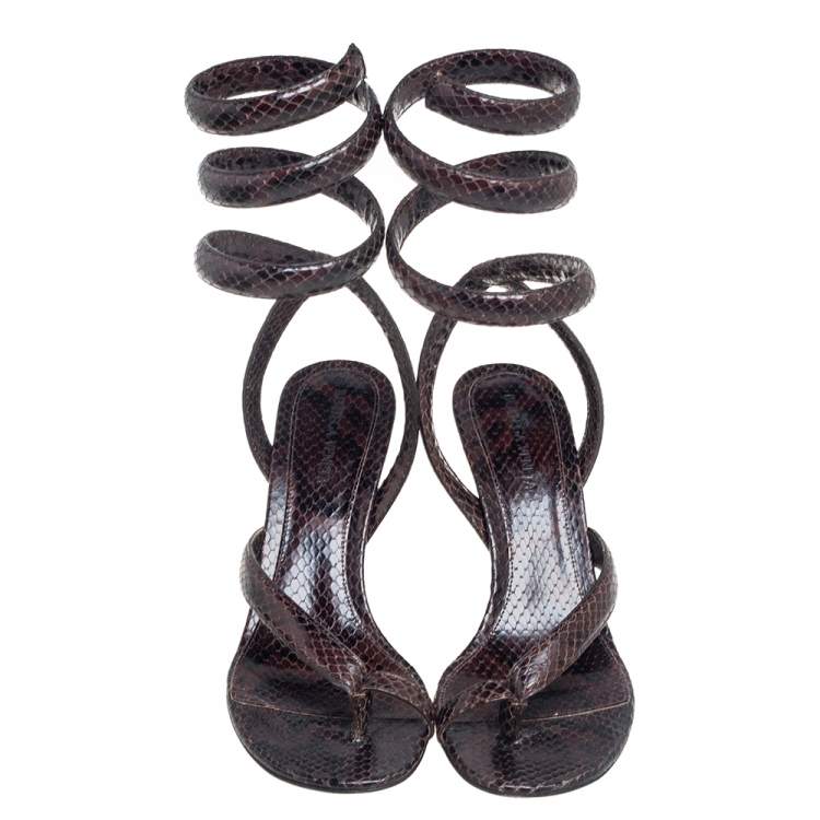 Pre Owned Bottega Veneta Brown Snakeskin Embossed Leather  Ankle Wrap Sandals Size 39