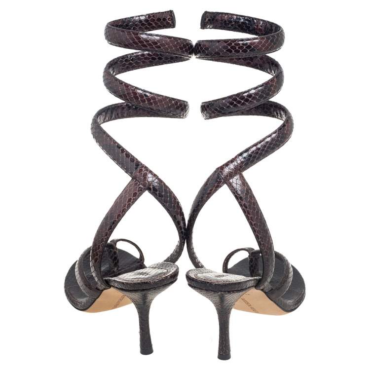 Pre Owned Bottega Veneta Brown Snakeskin Embossed Leather  Ankle Wrap Sandals Size 39