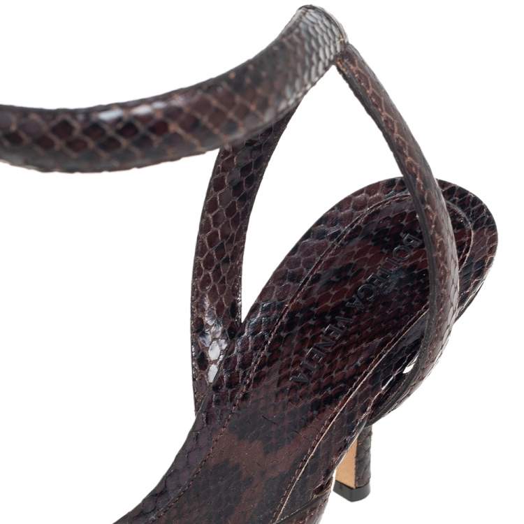 Pre Owned Bottega Veneta Brown Snakeskin Embossed Leather  Ankle Wrap Sandals Size 39