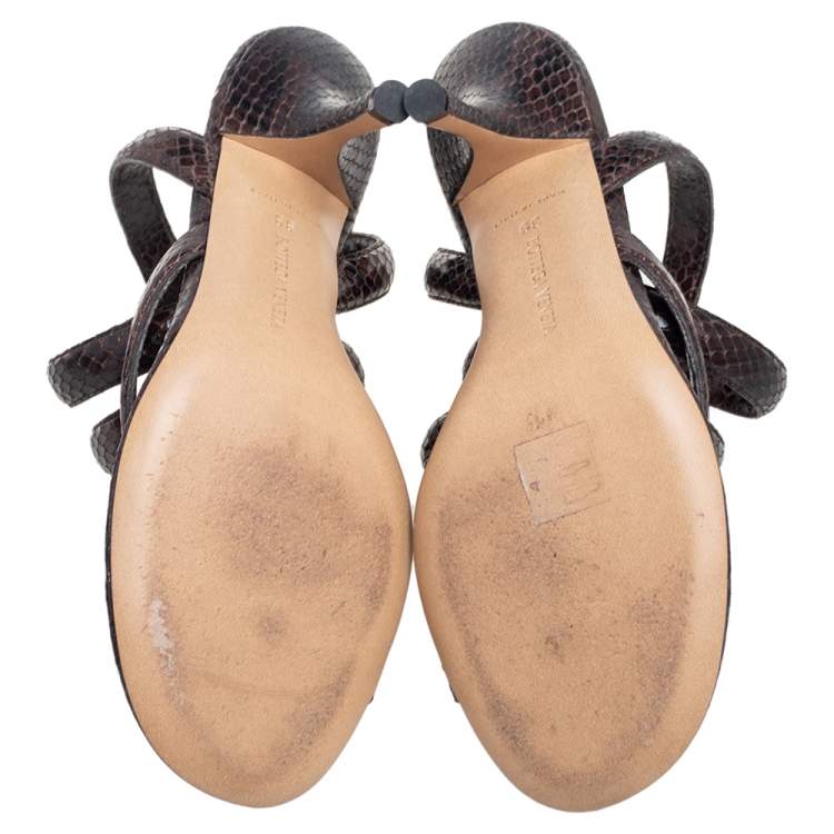 Pre Owned Bottega Veneta Brown Snakeskin Embossed Leather  Ankle Wrap Sandals Size 39