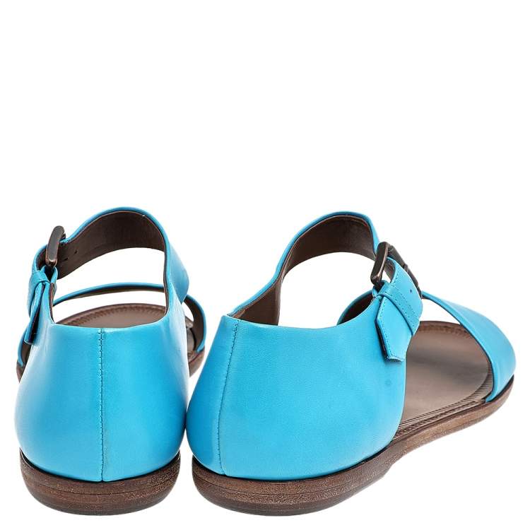Pre Owned Bottega Veneta Blue Leather Flat Ankle Strap Sandals Size 40.5