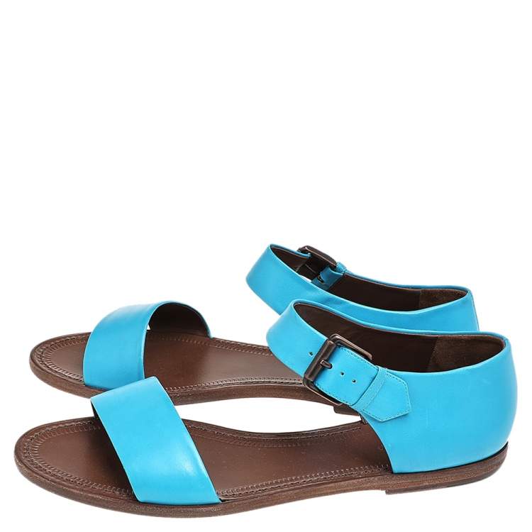 Pre Owned Bottega Veneta Blue Leather Flat Ankle Strap Sandals Size 40.5