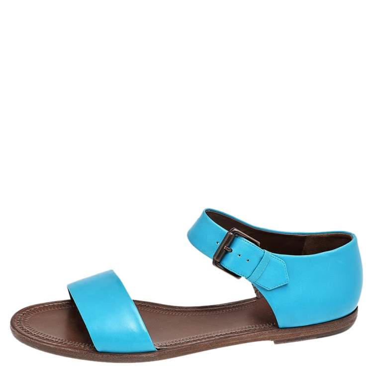 Pre Owned Bottega Veneta Blue Leather Flat Ankle Strap Sandals Size 40.5