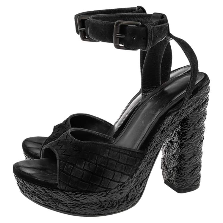 Pre Owned Bottega Veneta Black Intrecciato Suede Coated Espadrille Platform Sandals Size 39