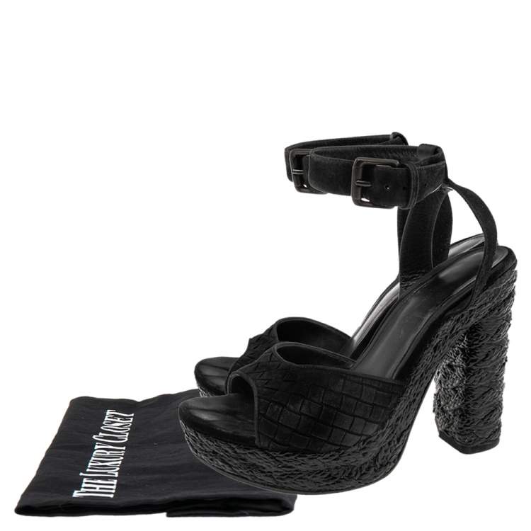 Pre Owned Bottega Veneta Black Intrecciato Suede Coated Espadrille Platform Sandals Size 39