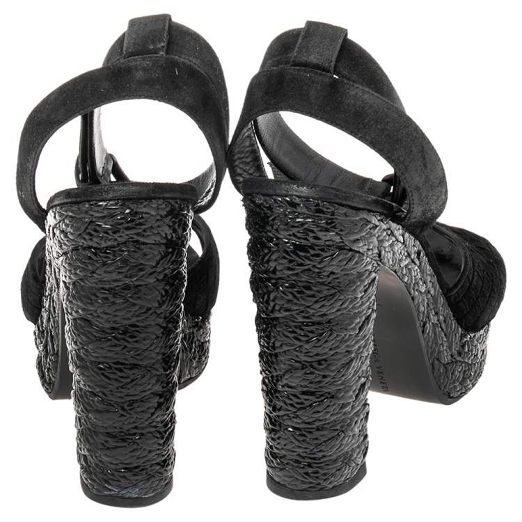 Pre Owned Bottega Veneta Black Intrecciato Suede Coated Espadrille Platform Sandals Size 39