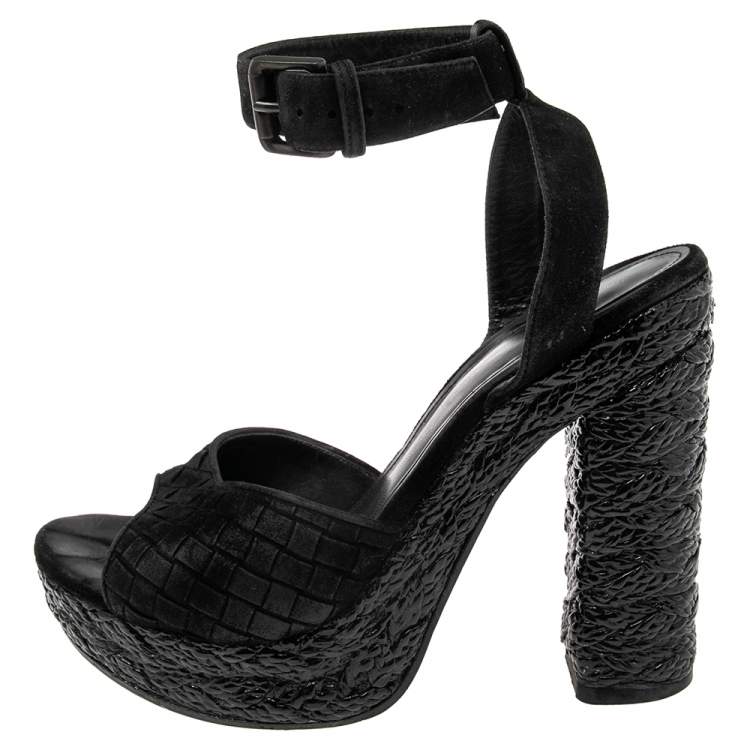 Pre Owned Bottega Veneta Black Intrecciato Suede Coated Espadrille Platform Sandals Size 39