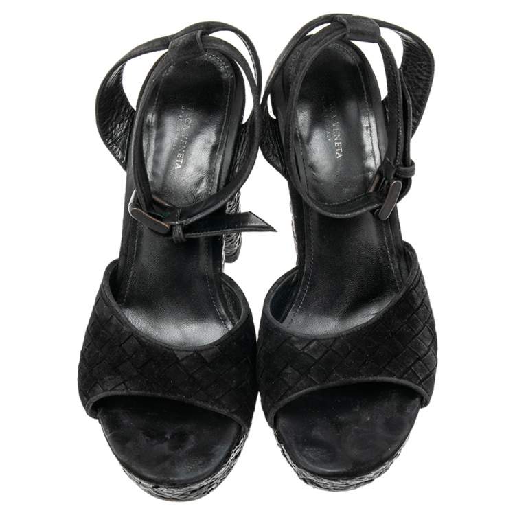 Pre Owned Bottega Veneta Black Intrecciato Suede Coated Espadrille Platform Sandals Size 39