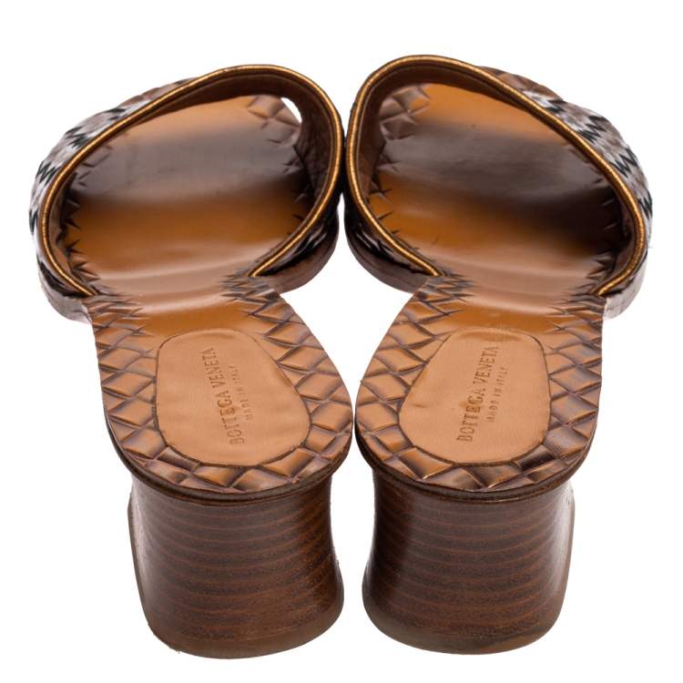 Pre Owned Bottega Veneta Metallic Bronze Leather Block Heel Slide Sandals Size 39