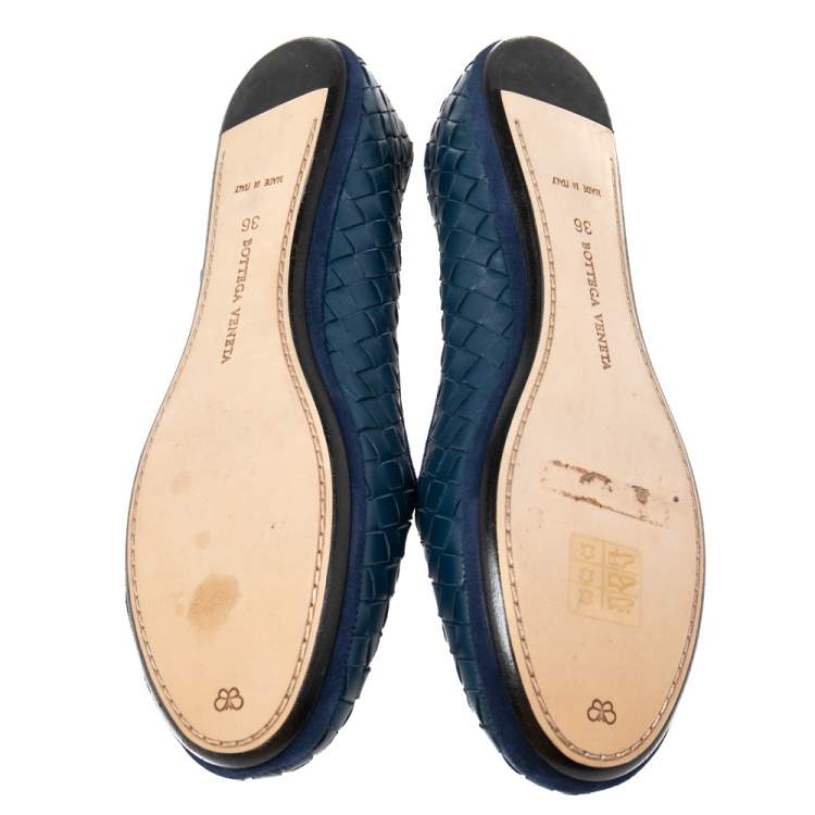 Pre Owned Bottega Veneta Blue Intrecciato Leather Ballet Flats Size 36