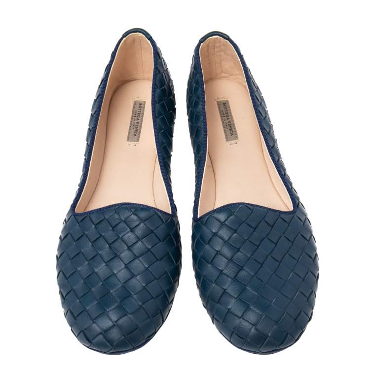Pre Owned Bottega Veneta Blue Intrecciato Leather Ballet Flats Size 36