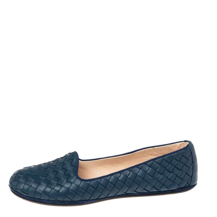 Pre Owned Bottega Veneta Blue Intrecciato Leather Ballet Flats Size 36