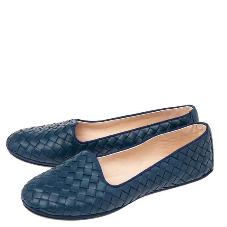 Pre Owned Bottega Veneta Blue Intrecciato Leather Ballet Flats Size 36
