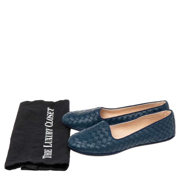 Pre Owned Bottega Veneta Blue Intrecciato Leather Ballet Flats Size 36