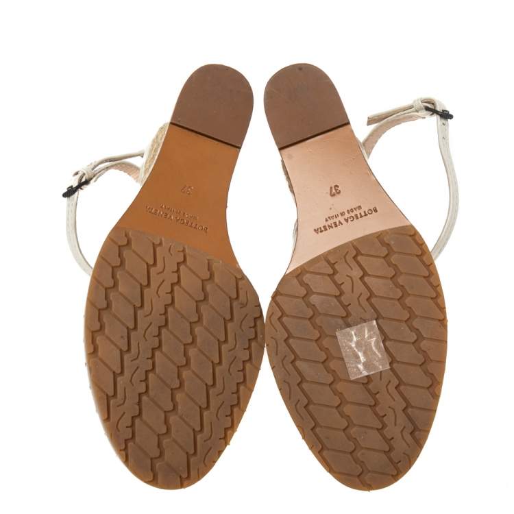 Pre Owned Bottega Veneta Cream Patent Leather Intrecciato Wedge Ankle Wrap Peep Toe Sandals Size 37