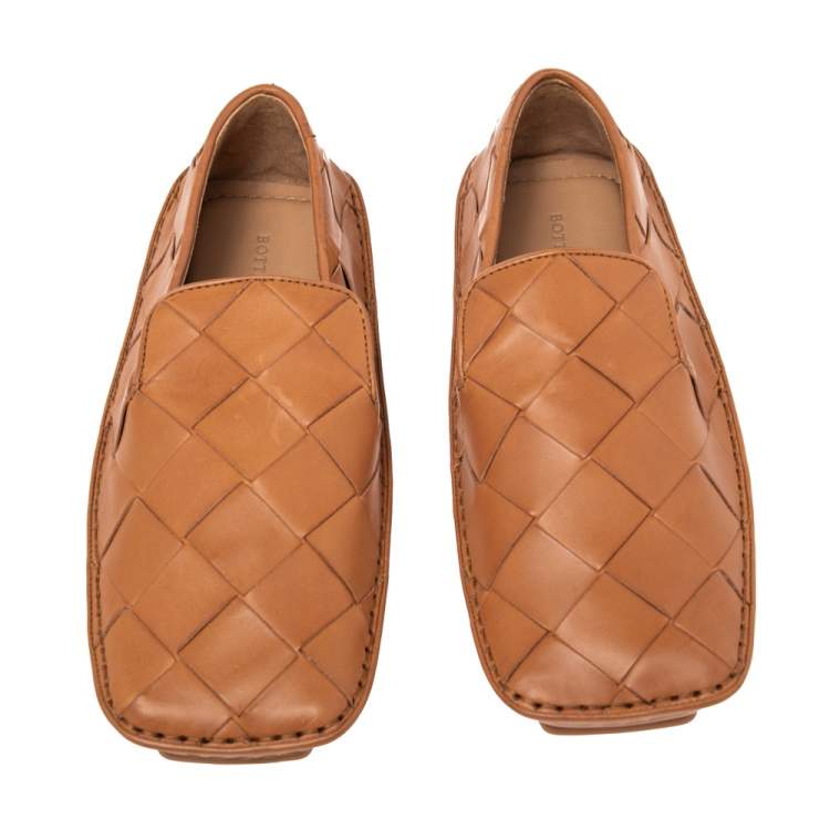 Pre Owned Bottega Veneta Tan  Intrecciato Leather Slip On Loafers Size 37