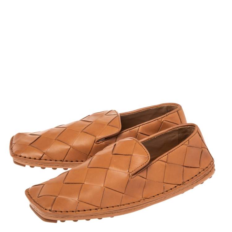 Pre Owned Bottega Veneta Tan  Intrecciato Leather Slip On Loafers Size 37