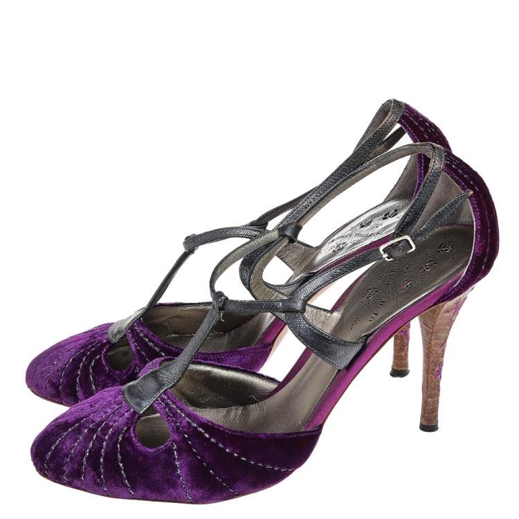 Pre Owned Bottega Veneta Purple Velvet And Leather Ankle Strap Sandals Size 39