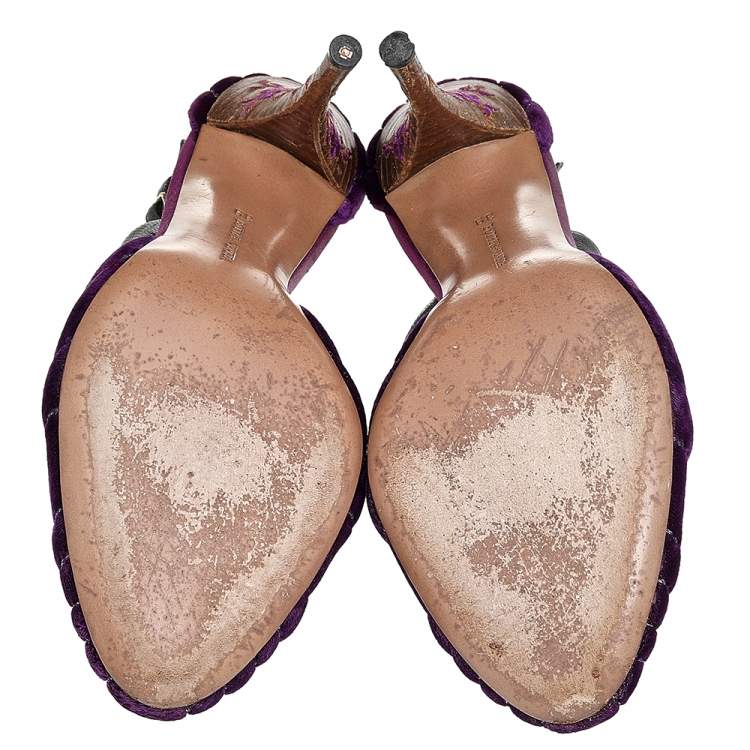 Pre Owned Bottega Veneta Purple Velvet And Leather Ankle Strap Sandals Size 39
