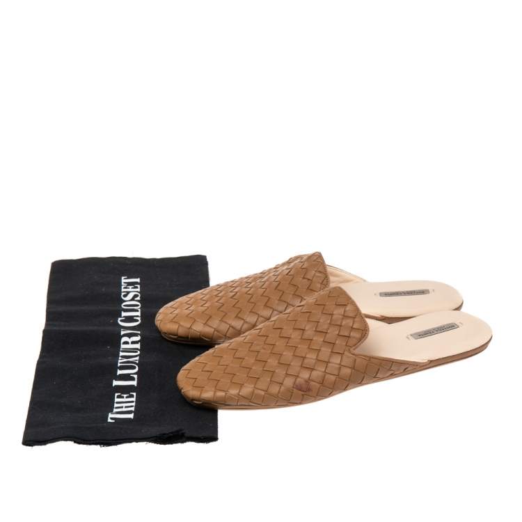 Pre Owned Bottega Veneta Brown Intrecciato Leather  Mules Size 36