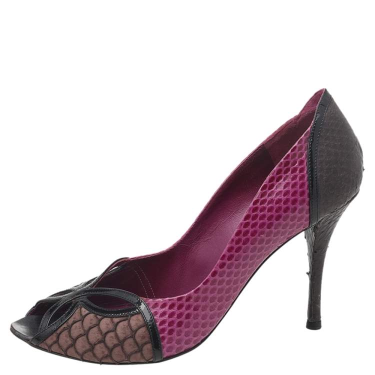 Pre Owned Bottega Veneta Multicolor Python And Patent Leather Peep Toe Pumps Size 38