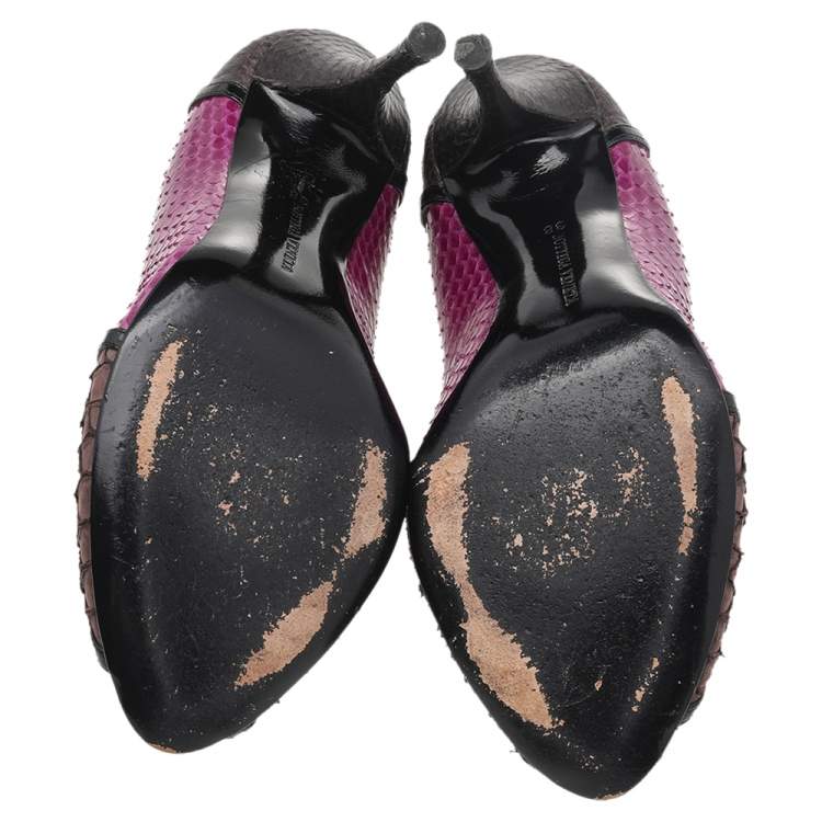 Pre Owned Bottega Veneta Multicolor Python And Patent Leather Peep Toe Pumps Size 38