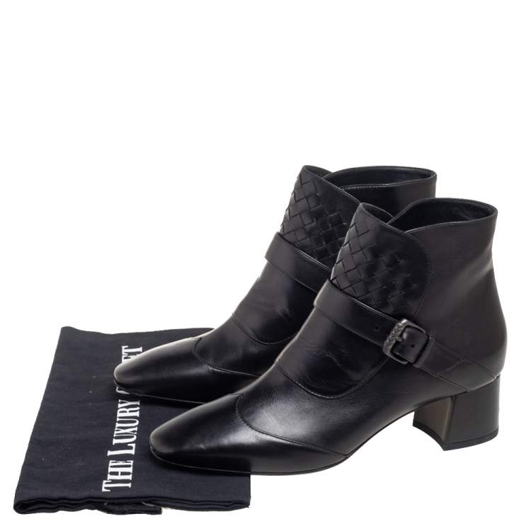 Pre Owned Bottega Veneta Black Leather And Intrecciato Leather Wingtip Ankle Boots Size 36.5