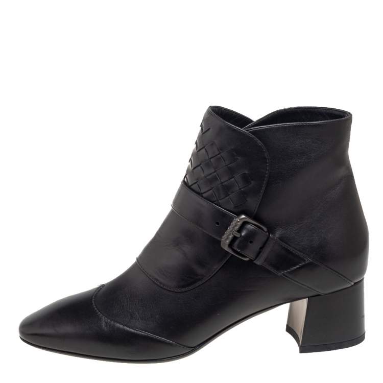 Pre Owned Bottega Veneta Black Leather And Intrecciato Leather Wingtip Ankle Boots Size 36.5