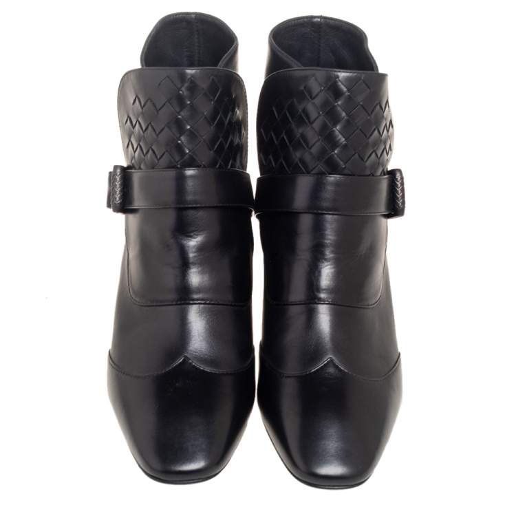 Pre Owned Bottega Veneta Black Leather And Intrecciato Leather Wingtip Ankle Boots Size 36.5