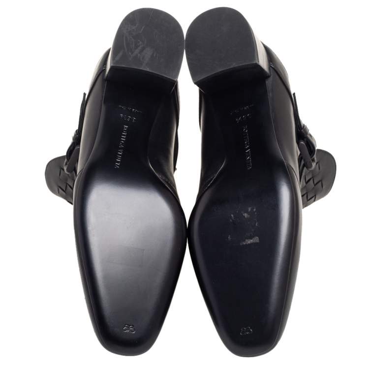 Pre Owned Bottega Veneta Black Leather And Intrecciato Leather Wingtip Ankle Boots Size 36.5