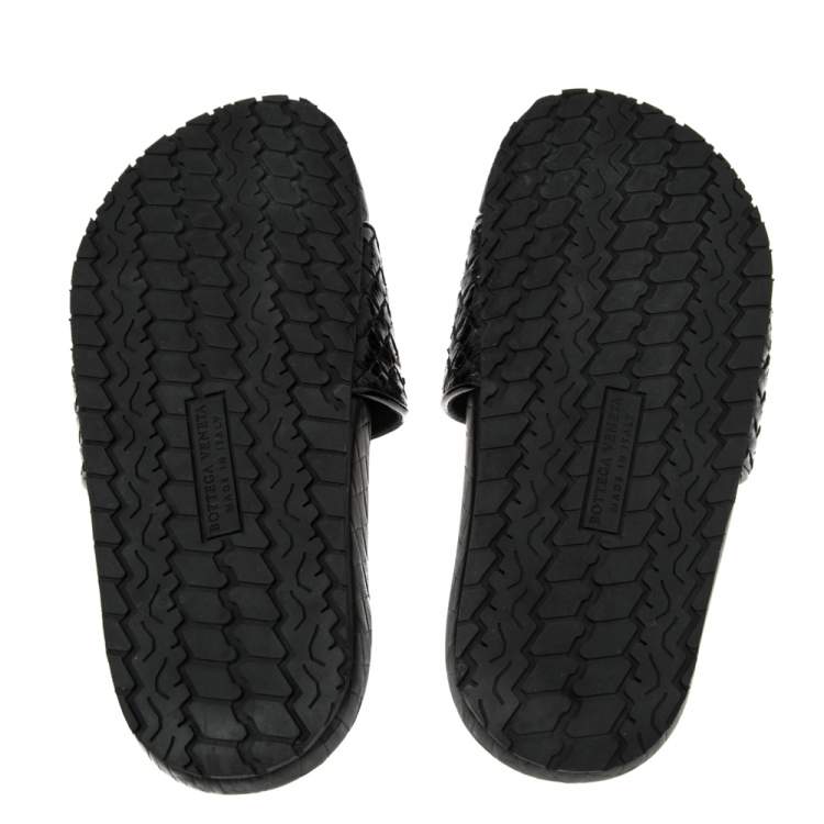 Pre Owned Bottega Veneta Black Snakeskin Intrecciato Leather Studded Slides Size 37