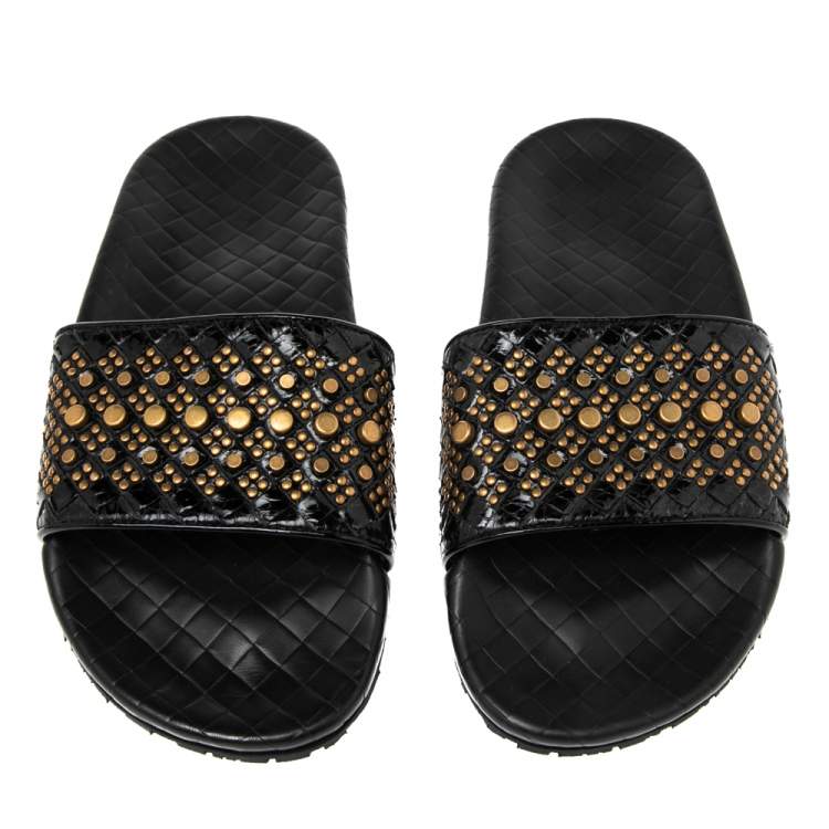 Pre Owned Bottega Veneta Black Snakeskin Intrecciato Leather Studded Slides Size 37