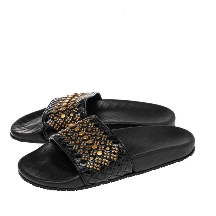 Pre Owned Bottega Veneta Black Snakeskin Intrecciato Leather Studded Slides Size 37