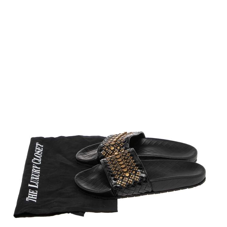 Pre Owned Bottega Veneta Black Snakeskin Intrecciato Leather Studded Slides Size 37