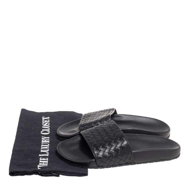 Pre Owned Bottega Veneta Black Intrecciato Leather Flat Slides Size 37