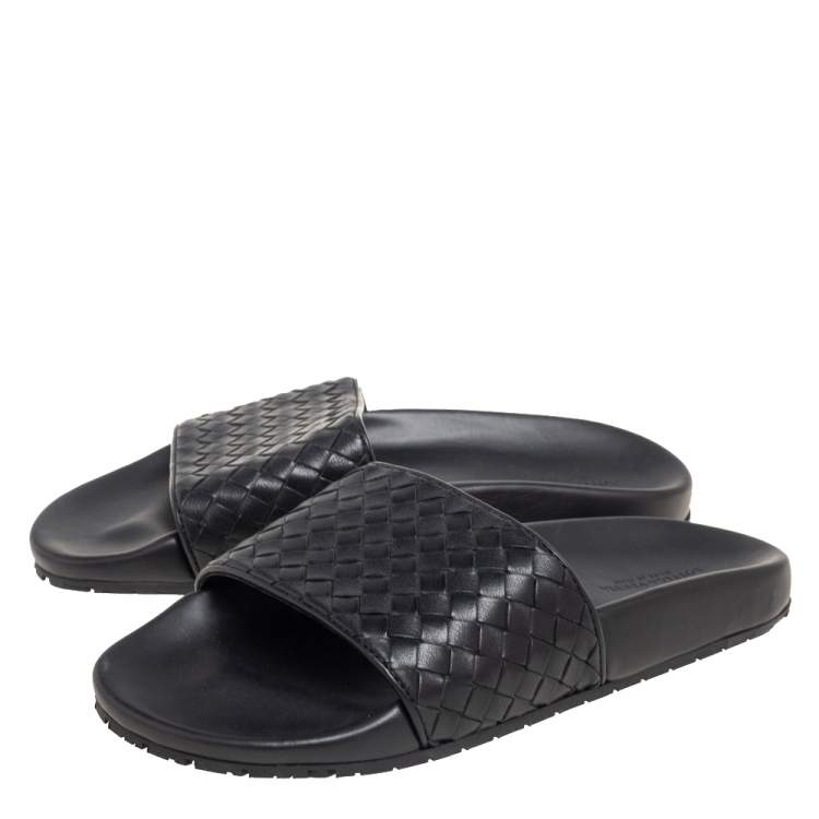 Pre Owned Bottega Veneta Black Intrecciato Leather Flat Slides Size 37