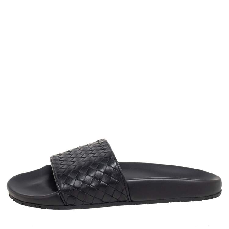 Pre Owned Bottega Veneta Black Intrecciato Leather Flat Slides Size 37