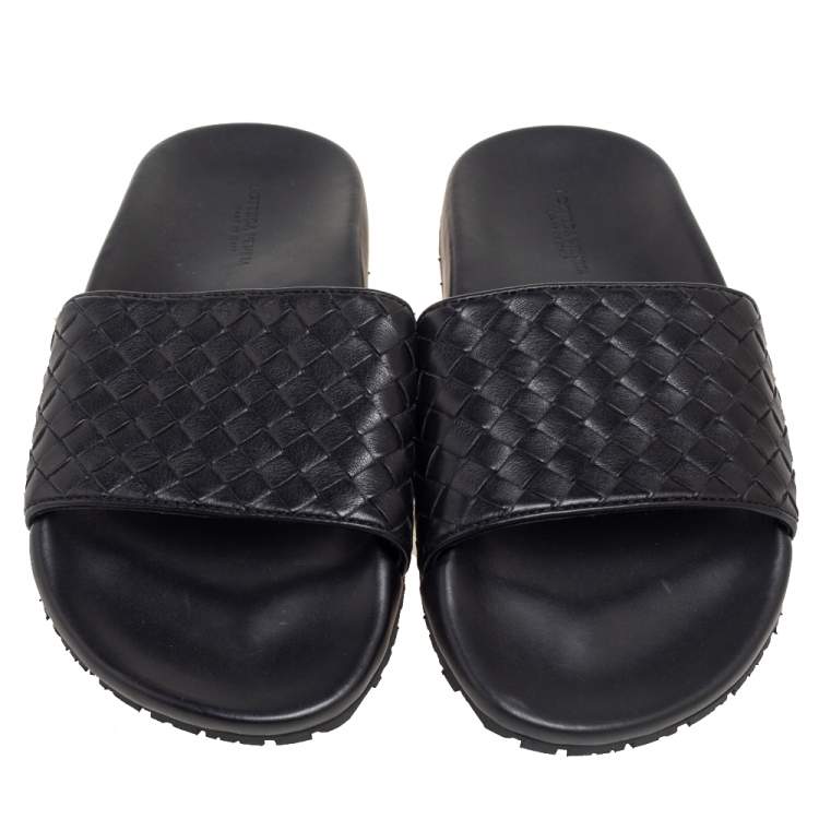 Pre Owned Bottega Veneta Black Intrecciato Leather Flat Slides Size 37