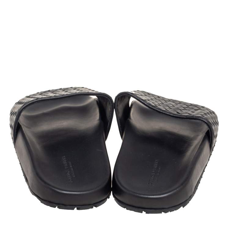 Pre Owned Bottega Veneta Black Intrecciato Leather Flat Slides Size 37