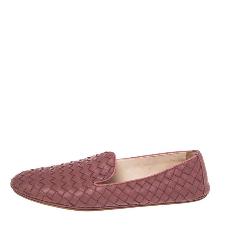Pre Owned Bottega Veneta Pink  Intrecciato Leather Pointed Toe Ballet Flats Size 36