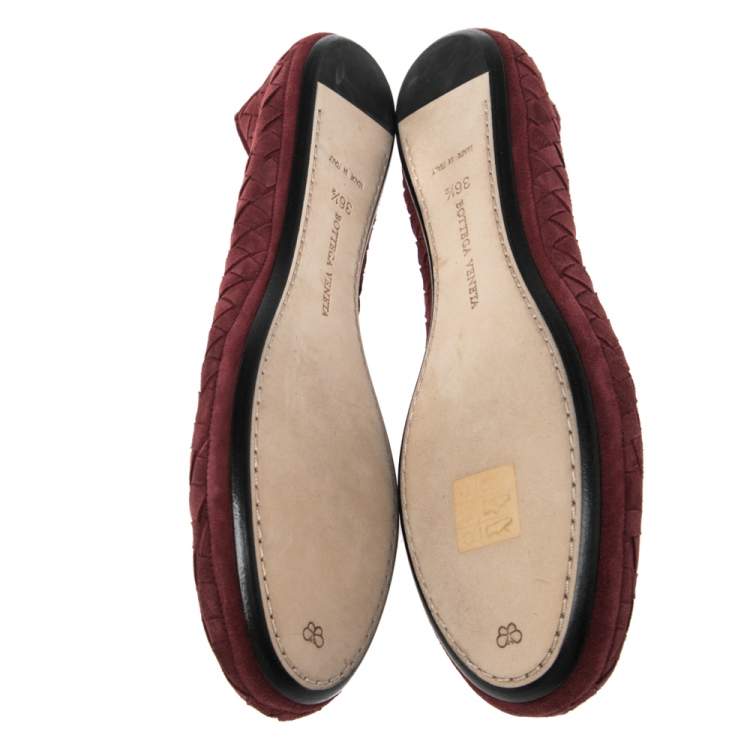 Pre Owned Bottega Veneta Burgundy Intrecciato Leather Ballet Flats Size 36.5