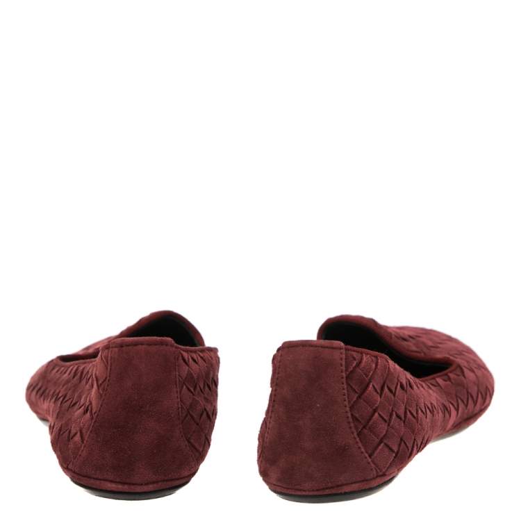 Pre Owned Bottega Veneta Burgundy Intrecciato Leather Ballet Flats Size 36.5