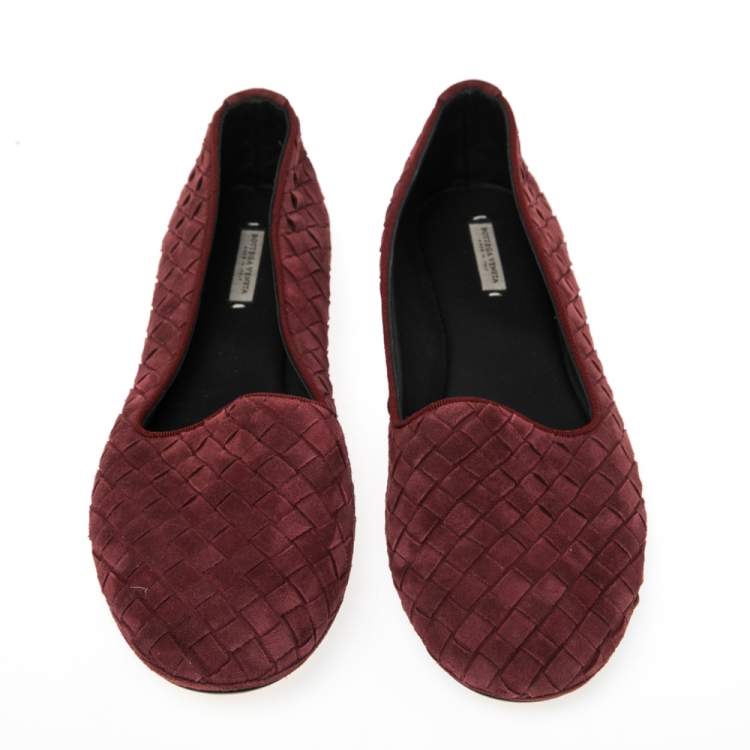 Pre Owned Bottega Veneta Burgundy Intrecciato Leather Ballet Flats Size 36.5
