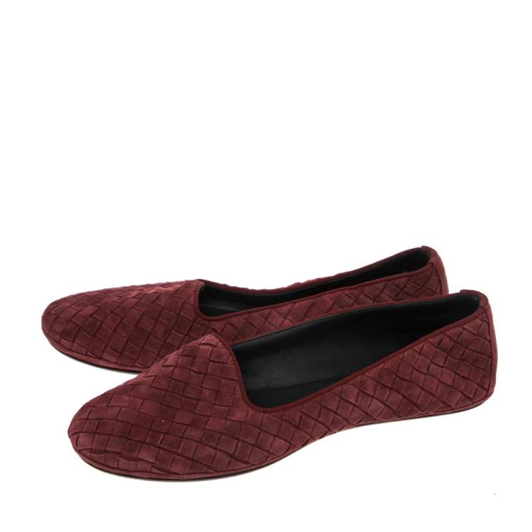 Pre Owned Bottega Veneta Burgundy Intrecciato Leather Ballet Flats Size 36.5