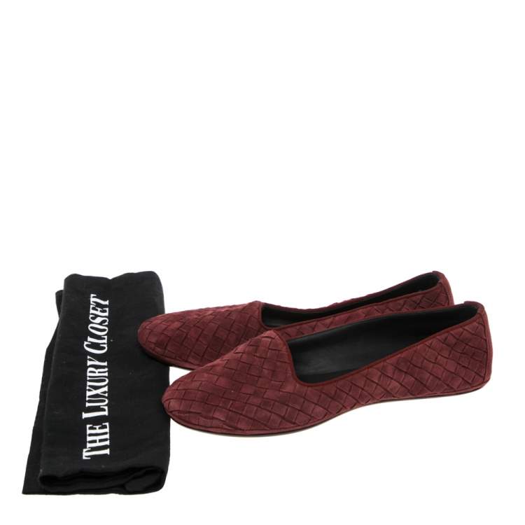 Pre Owned Bottega Veneta Burgundy Intrecciato Leather Ballet Flats Size 36.5