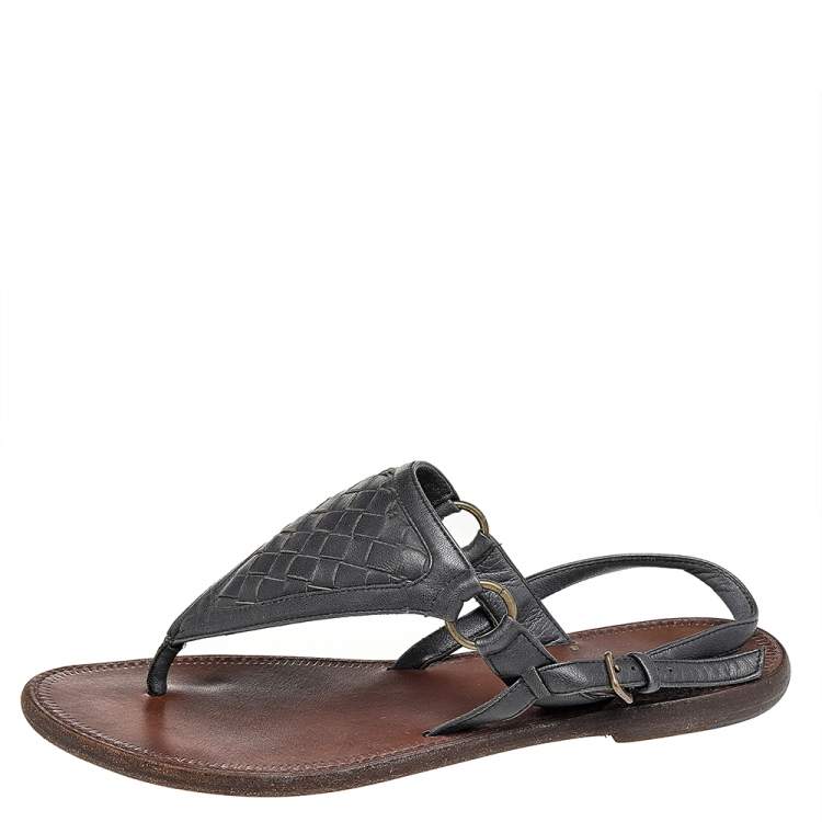 Pre Owned Bottega Veneta Black Leather Thong Slingback Flat Sandals Size 38