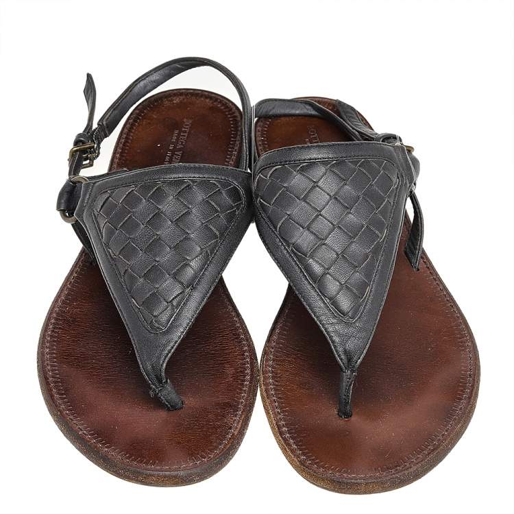 Pre Owned Bottega Veneta Black Leather Thong Slingback Flat Sandals Size 38